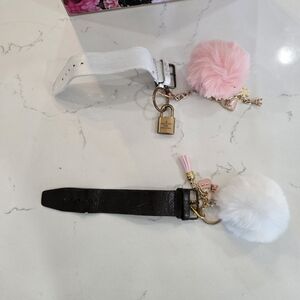Chic Pink and White Pom Pom Keychain Duo For Your Wrist Or Bag